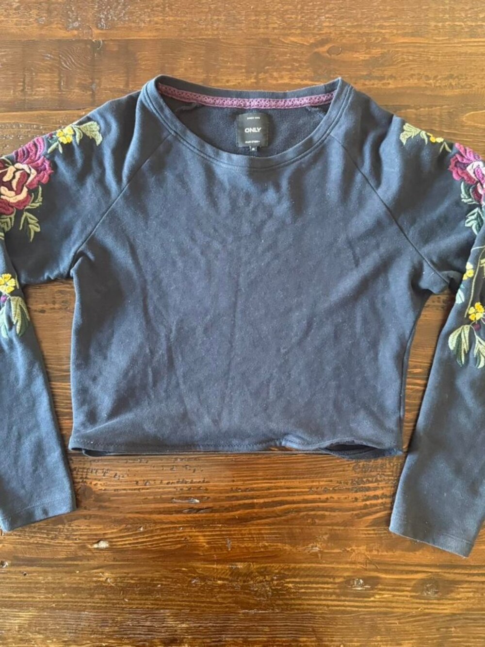ONLY navy blue long sleeve sweater with floral embroidery on sleeves, size M